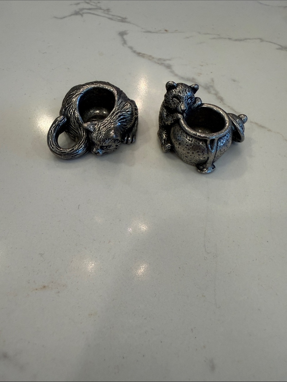 Set of Two Pewter Animal Holders - Cat & Bear